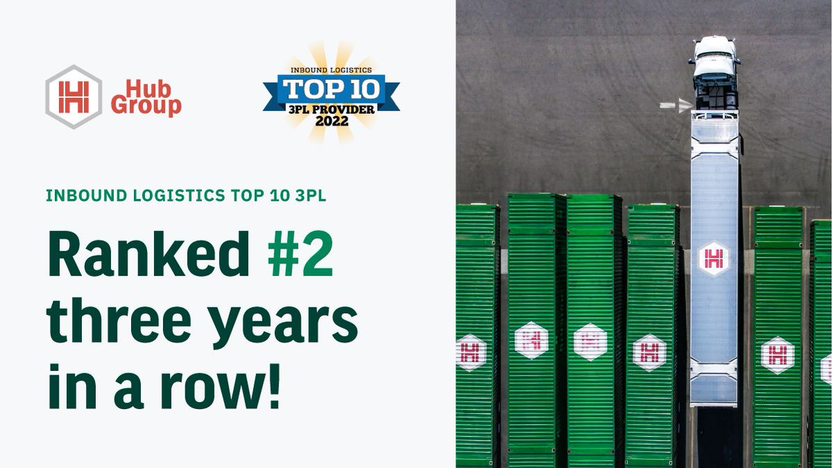 Hub Group (@hubgroup) on Twitter photo For the third year in a row, #HubGroup has ranked #2 on the <a href="/ILMagazine/">Inbound Logistics</a> Top 10 3PL list. This is our 15th consecutive year that we’ve been ranked for this prestigious award. Thank you to all who voted for Hub Group.
#Top3PL
bit.ly/3z0kPTO For the third year in a row, #HubGroup has ranked #2 on the <a href="/ILMagazine/">Inbound Logistics</a> Top 10 3PL list. This is our 15th consecutive year that we’ve been ranked for this prestigious award. Thank you to all who voted for Hub Group.
#Top3PL
bit.ly/3z0kPTO