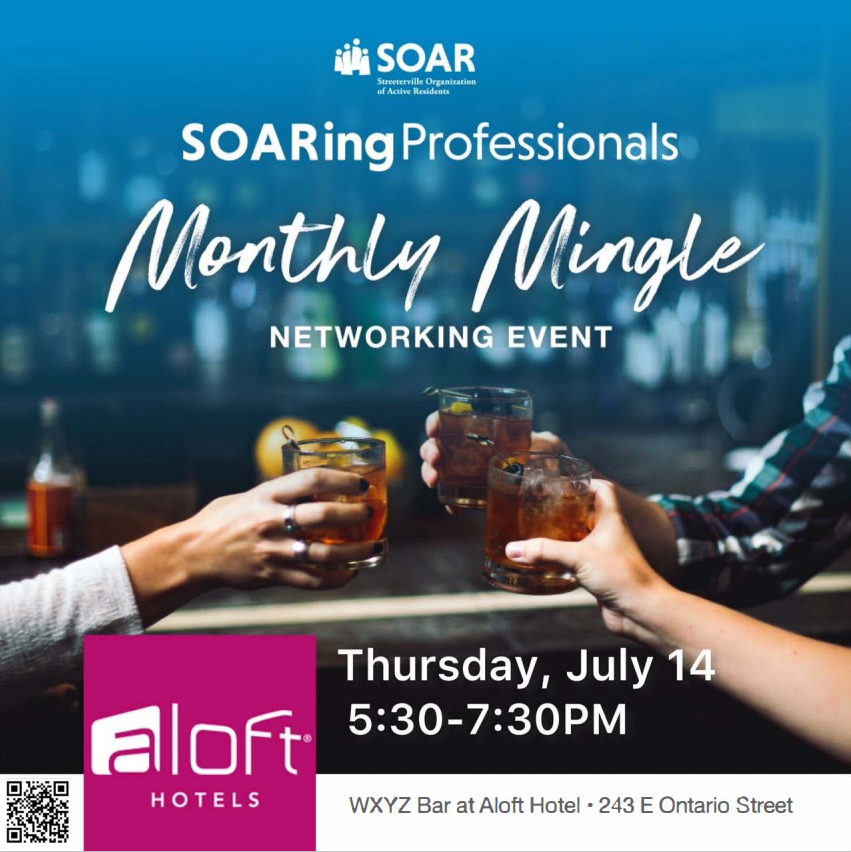Please join SOAR for their monthly mingle on Thursday, July 14th from 5:30 - 7:30!