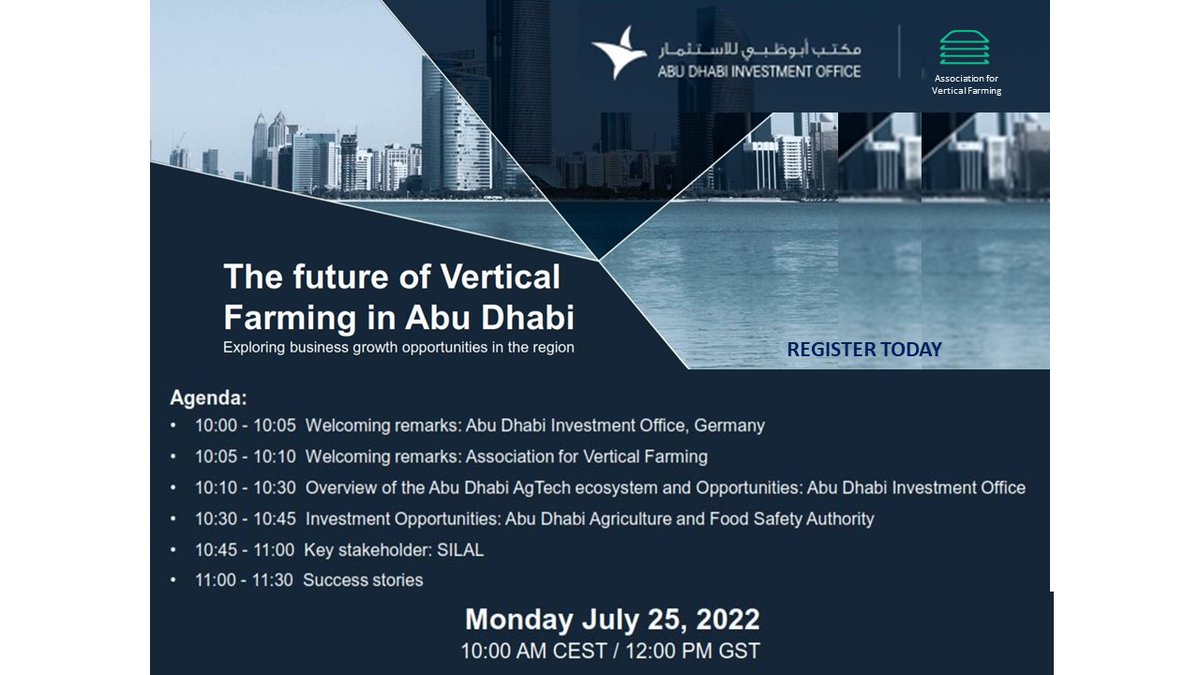 Joel Cuello (@cuellolab) on Twitter photo AGTECH GROWTH OPPORTUNITIES IN ABU DHABI
<a href="/AVerticalFarm/">The Association for Vertical Farming (AVF)</a> and <a href="/InvestAbuDhabi/">Abu Dhabi Investment Office</a> present the Webinar “The Future of Vertical Farming in Abu Dhabi” to explore Abu Dhabi’s enabling business ecosystem and #AgTech business opportunities.
REGISTER TODAY AT:
us06web.zoom.us/webinar/regist… AGTECH GROWTH OPPORTUNITIES IN ABU DHABI
<a href="/AVerticalFarm/">The Association for Vertical Farming (AVF)</a> and <a href="/InvestAbuDhabi/">Abu Dhabi Investment Office</a> present the Webinar “The Future of Vertical Farming in Abu Dhabi” to explore Abu Dhabi’s enabling business ecosystem and #AgTech business opportunities.
REGISTER TODAY AT:
us06web.zoom.us/webinar/regist…
