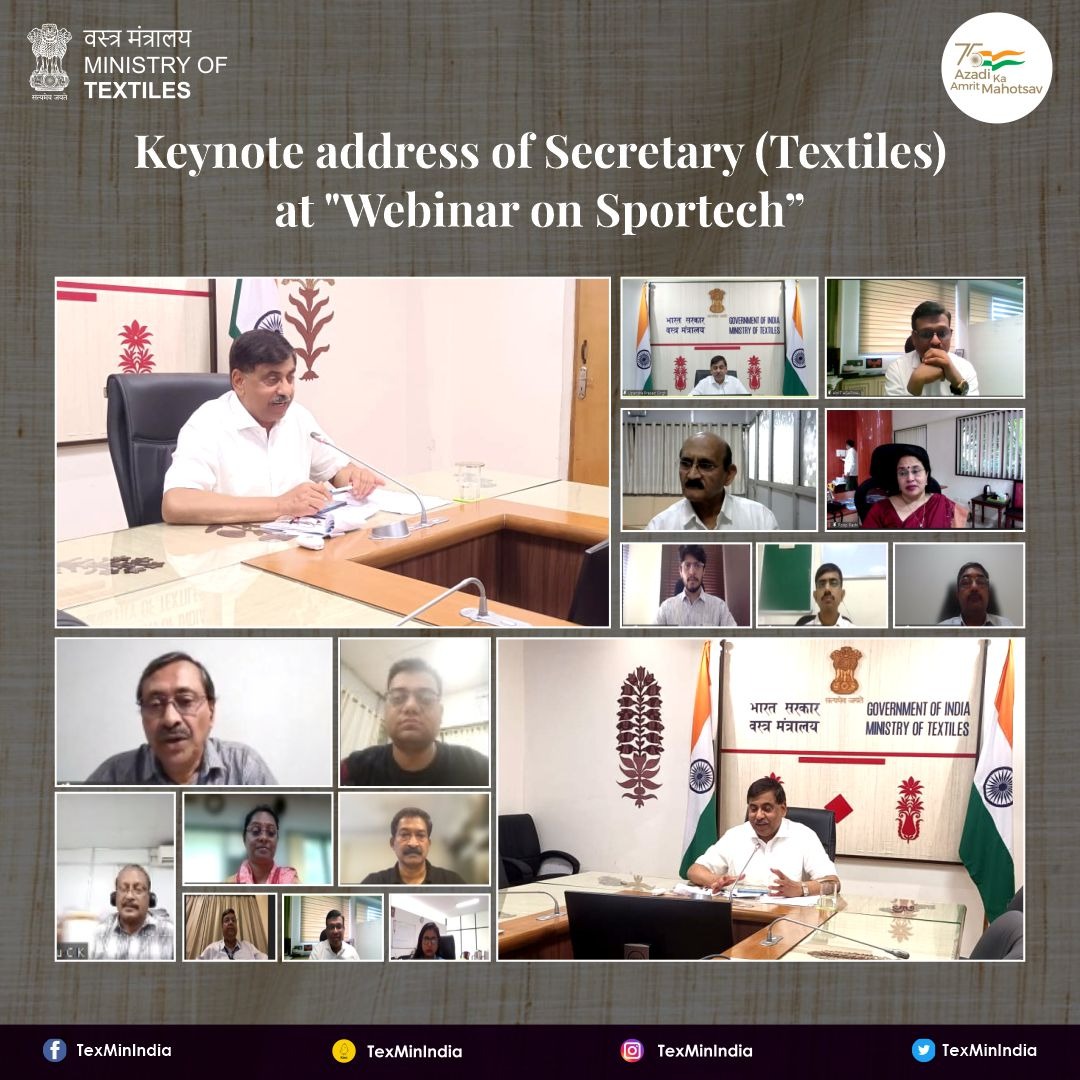TexMinIndia's tweet photo. Sh. U.P. Singh Ji, Secretary (Textiles)was the Guest of Honour at the "Webinar on Sportech - The Future of Sport Textiles and Accessories Industry in India" held on 13.07.2022. Sh. Singh also gave a keynote address at the webinar organized by Indian Technical Textile Association. https://t.co/LMXby6g48H