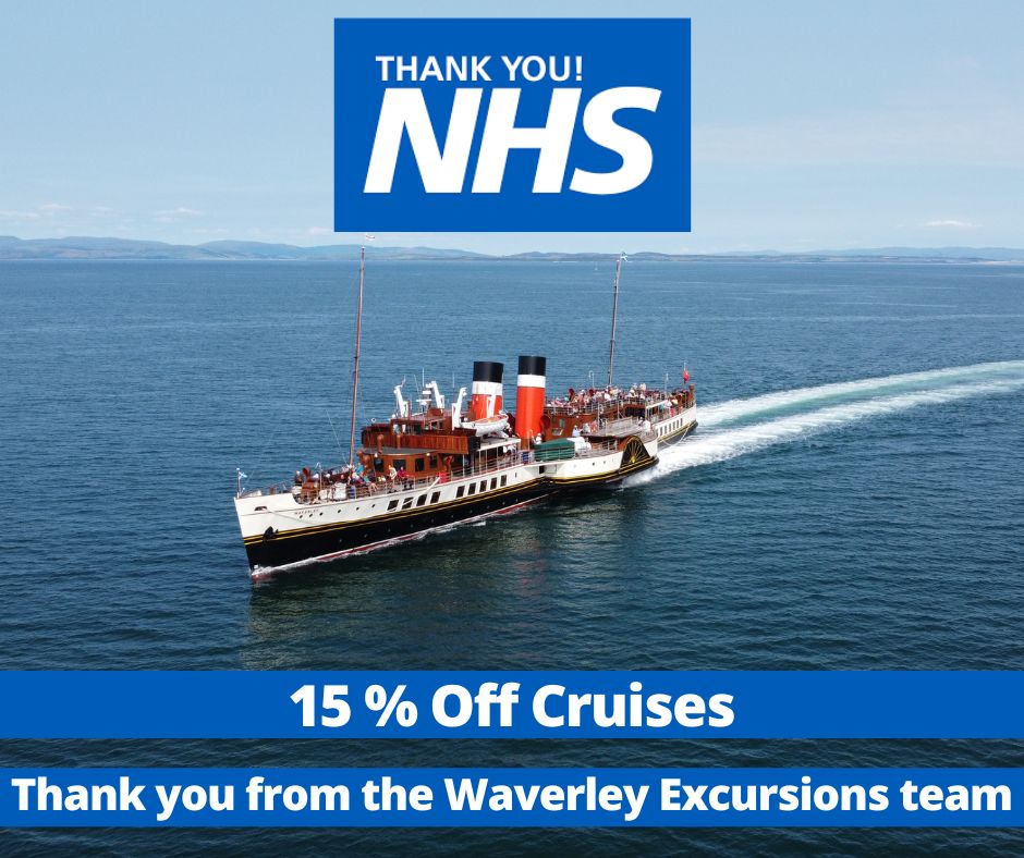 Waverley NHS Discount Announced 💙🚢👇

As a thank you to our NHS workers we’re delighted to now offer 15% off all 2022 cruises including Clyde Summer and South Coast Sailings.

To book your tickets visit waverleyexcursions.co.uk and enter discount code NHS15 at the checkout.