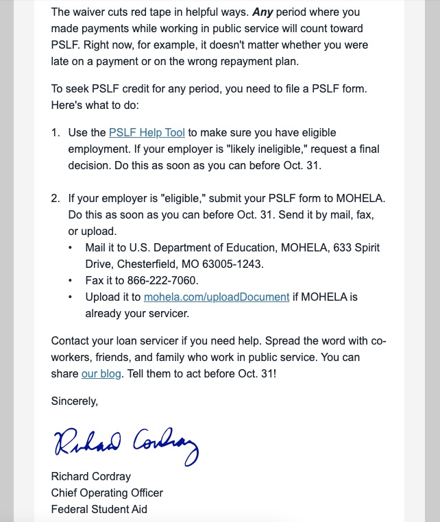 Michael Stratford Auf Twitter Meanwhile Ed Dept Is Sending These Email Notices About Pslf To Borrowers With Federal Student Loans It S The First Time I Ve Seen A Borrower Notice Signed Personally By