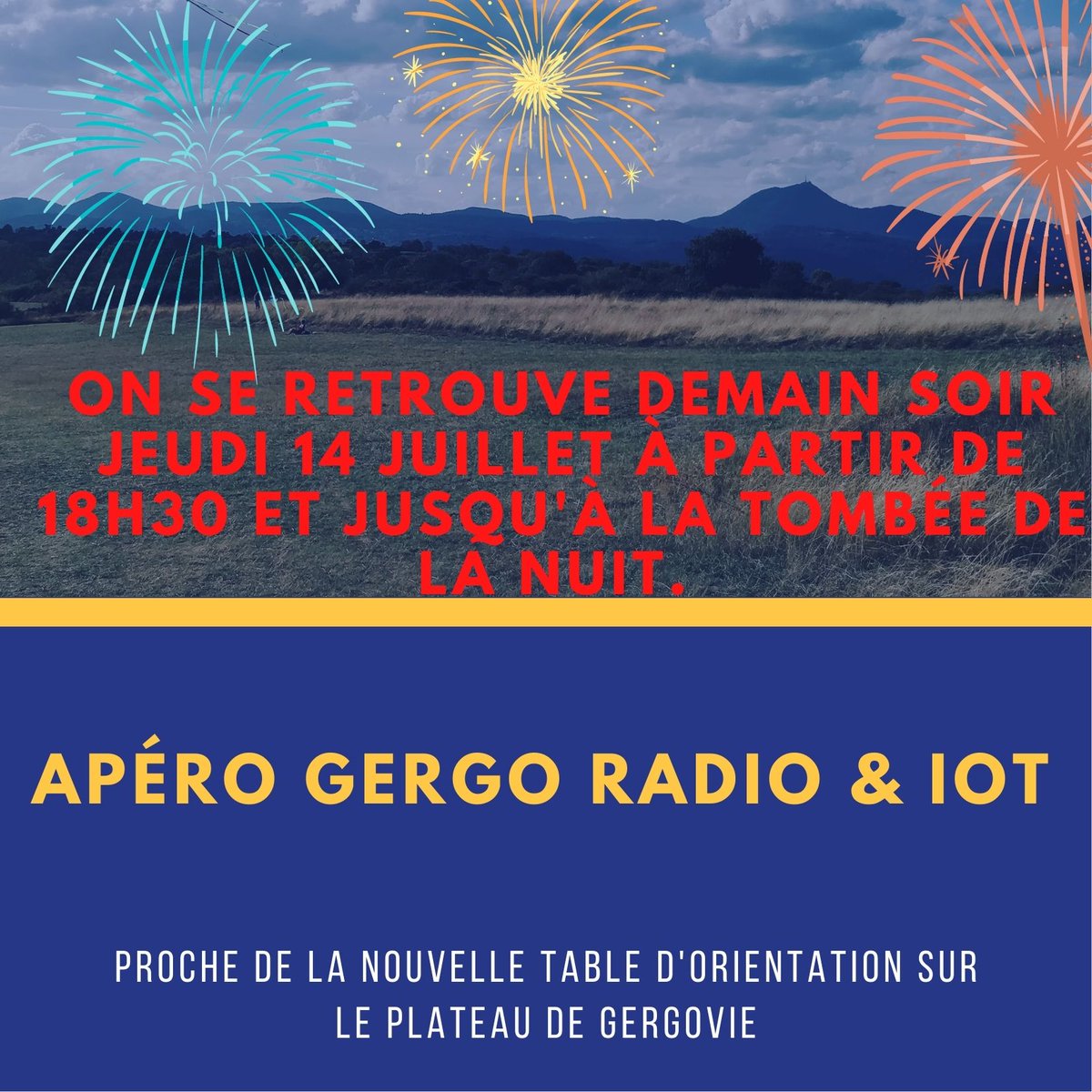 On se retrouve demain 14 juillet à 18h30 au plateau de Gergovie pour ApéroGergo .
#aperogergo #radioamateur #hamradio