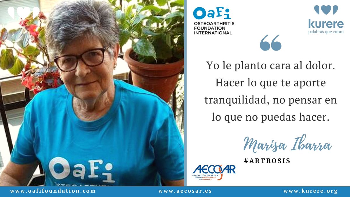 Os presentamos los primeros #testimoniosdesuperación #Artrosis #Osteoporosis <a href="/OAFIFoundation/">OAFI Foundation</a>  oafifoundation.com, aecosar.es  y #kurereMarisa 
Marisa Ibarra " Yo le planto cara al dolor. Hacer lo que te aporte tranquilidad"kurere.org/historias/mari…
Un abrazo