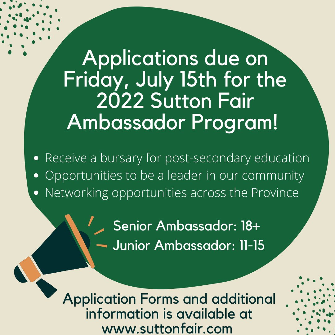 SuttonFair's tweet image. Only 2 more days to submit your application to participate in the 2022 Sutton Fair Junior and Senior Ambassador Programs! Visit linktr.ee/suttonfair for additional information!
#cowboybootsandcountryroots #suttonfair #summer2022