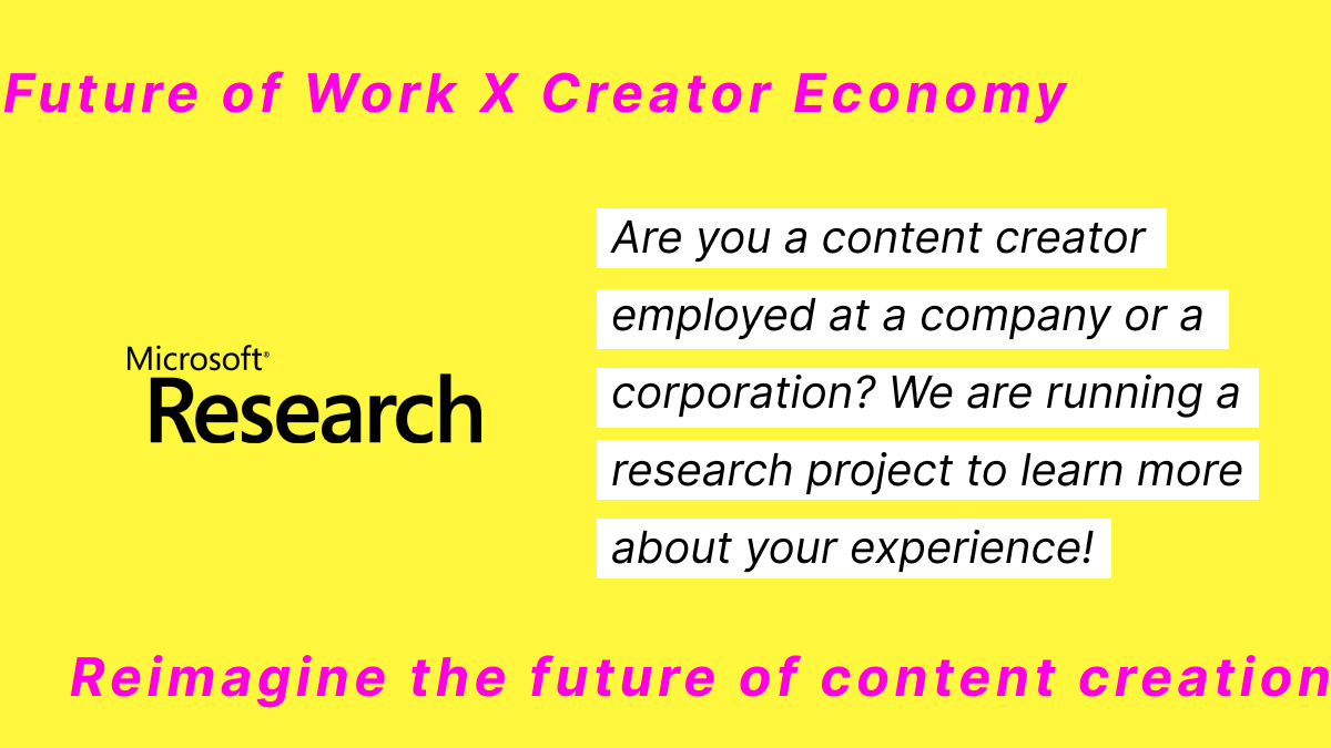 stepeche_mode's tweet photo. Hi content creators!

As part of my internship at @MSFTResearch, I'm recruiting content creators for an interview study on how you navigate between (1) your effort in content creation and (2) your employment within your organization/corporation. https://t.co/38ZIwVjBQW