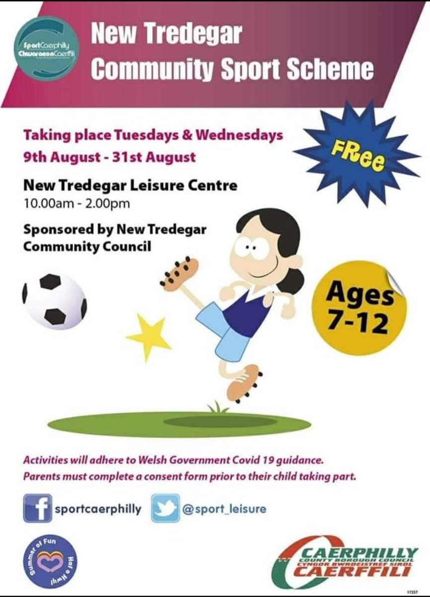 Mark_Ev22's tweet photo. Sports activities being run in #NewTredegarleisurecentre during August, fully sponsored by #NewTredegarCommunityCouncil. Please see the flyer for full details #community https://t.co/y7oEG811ro
