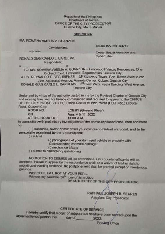 Tonyo Cruz on Twitter "LOOK Quezon City Prosecutor’s Office issues subpoena against Ronald