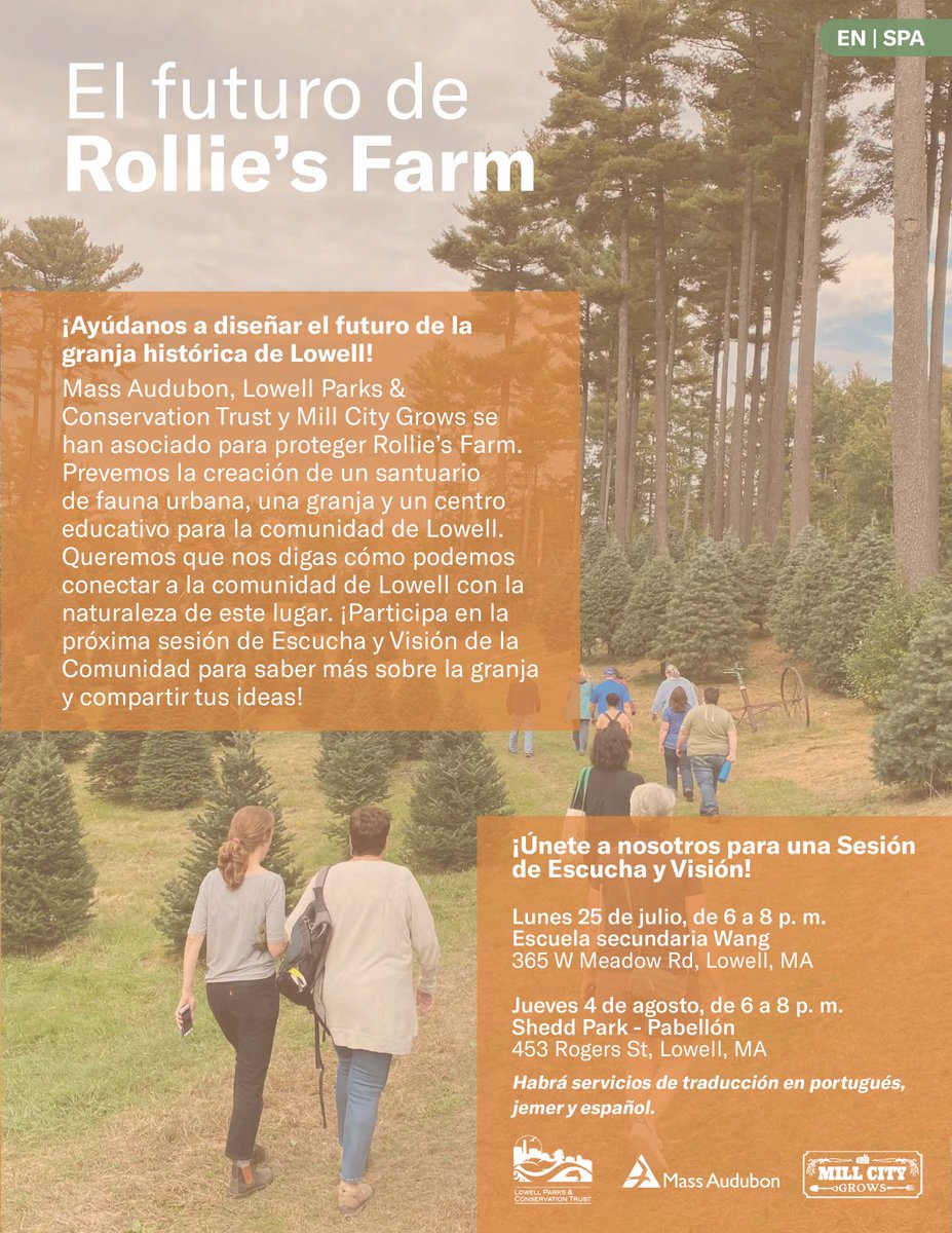 LP&amp;CT, @MillCityGrows &amp; <a href="/MassAudubon/">Mass Audubon</a> invite you to join a Community Listening/Visioning Session to learn more about the farm and share your ideas for its future!
Translation services provided.
lowelllandtrust.org/the-future-of-…
July 25 (6-8pm, Wang School) &amp; Aug. 4 (6-8pm, Shedd Park)