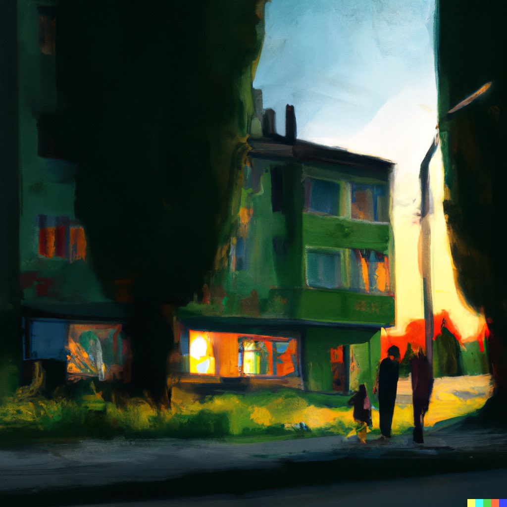 _AQAXA_'s tweet photo. “A nice evening walk at sunset in Kreuzberg Berlin in the style of Edward Hopper”
.
#synthetic #memories #berlin #dalle #dalle2 #aiart https://t.co/lBOHVqQbc5