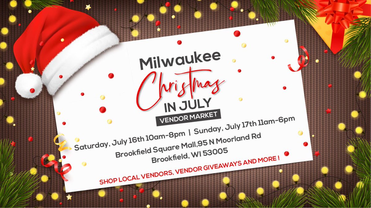 BrookfieldSq's tweet photo. It's never too early to get in the Holiday Spirit! 🎄 ☀️ 😎 Join us this weekend for our Milwaukee Christmas In July Vendor Market at Brookfield Square during mall hours. Shop local vendors, enjoy giveaways &amp; have some fun with early Christmas shopping!! 🎁 🌴 
#Brookfield https://t.co/rQJ2o7okMu