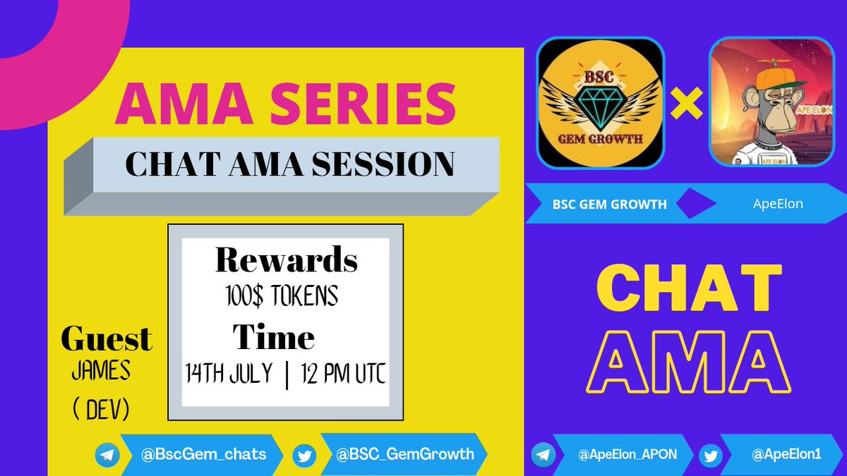 We're thrilled to host AMA with ApeElon

Time: 14th July | 12 PM UTC 
Tg:
@BscGem_chats
 &amp;
@ApeElon_APON

👉Rewards: 100$ Tokens

👉Join AMA here 👇
@BscGem_chats
👉Requirements:
Follow Twitter:
<a href="/BSC_GemGrowth/">BSC Gem Growth</a>
 &amp; 
@ApeElon1
Like, RT, Tag your 3 Friends
