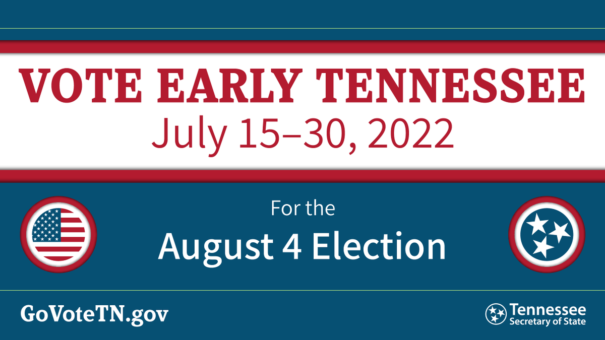 tnsecofstate's tweet photo. Starting today, Tennesseans can take advantage of the convenience and flexibility of our state’s generous early voting period. Early voting runs Monday to Saturday until Saturday, July 30. Don’t wait! Learn more with the free #GoVoteTN app or at https://t.co/eBiL9iCq3y. https://t.co/M58CYIZcmI