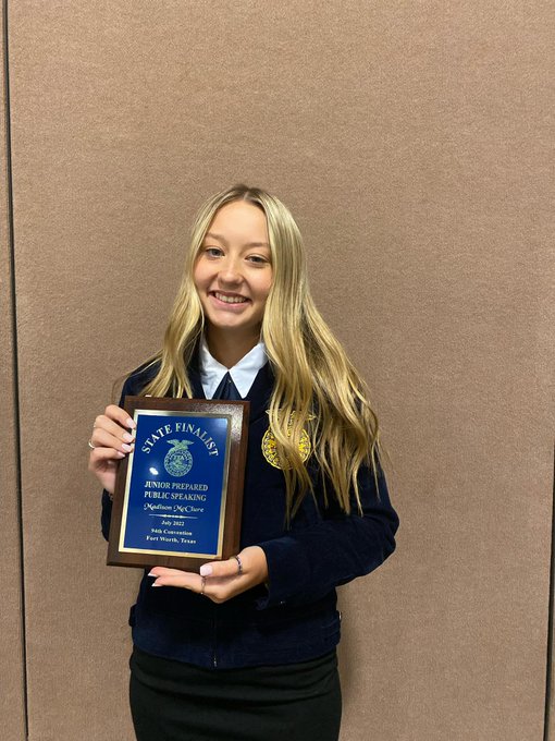 Cleburne HS 9th grader, Madi McClure represented Cleburne FFA as a State Semifinalist in the State Junior Public Speaking contest! Congratulations Madi on an outstanding Greenhand year. 
