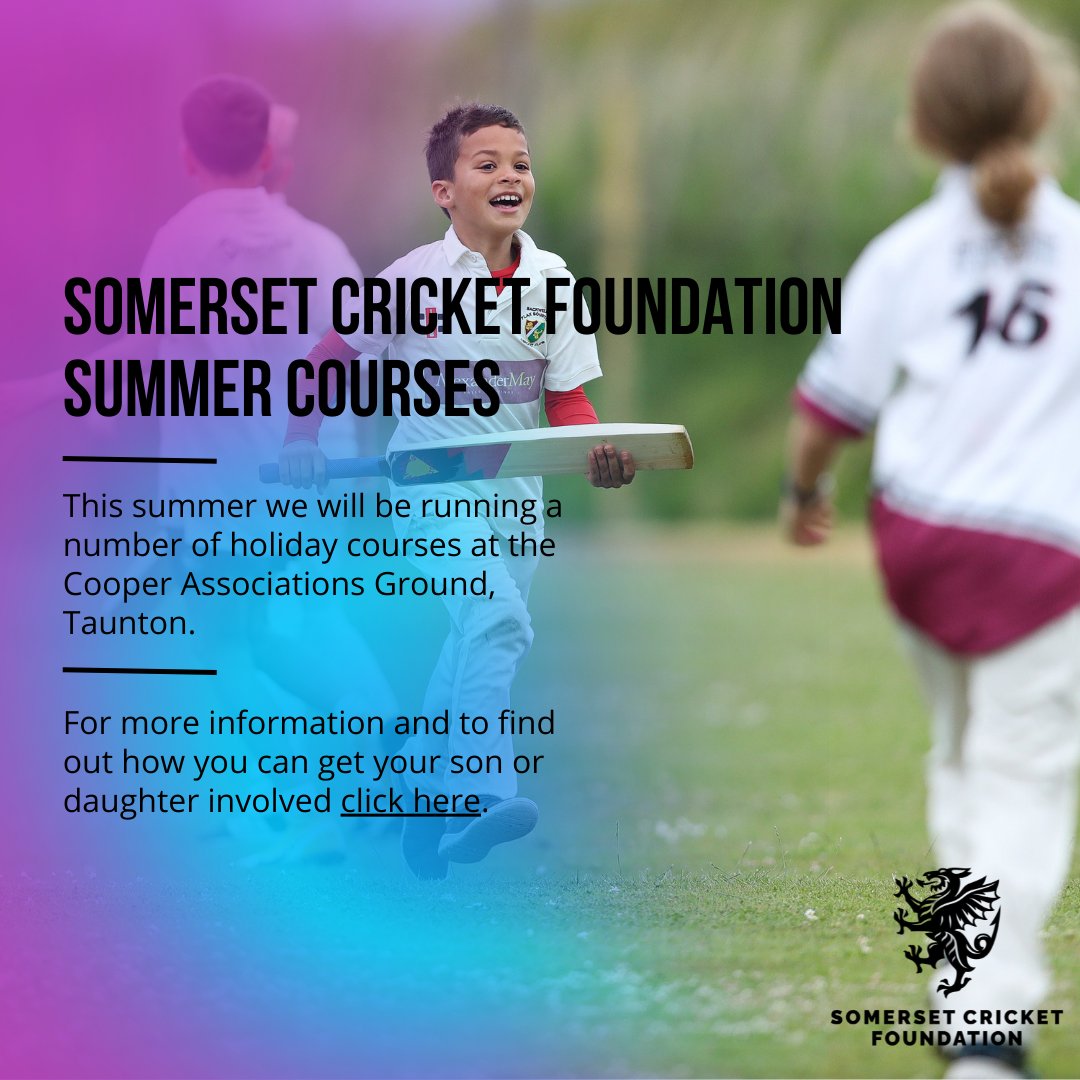 🏏Don't miss out!!

SCF Summer holiday course 2022 bookings are now live! 

Courses are available for Yr 2 to Yr 7 and courses take place <a href="/CACG_Somerset/">The Cooper Associates County Ground</a>!

For more information and to find out how you can get your son or daughter involved -tinyurl.com/2p8hhszz