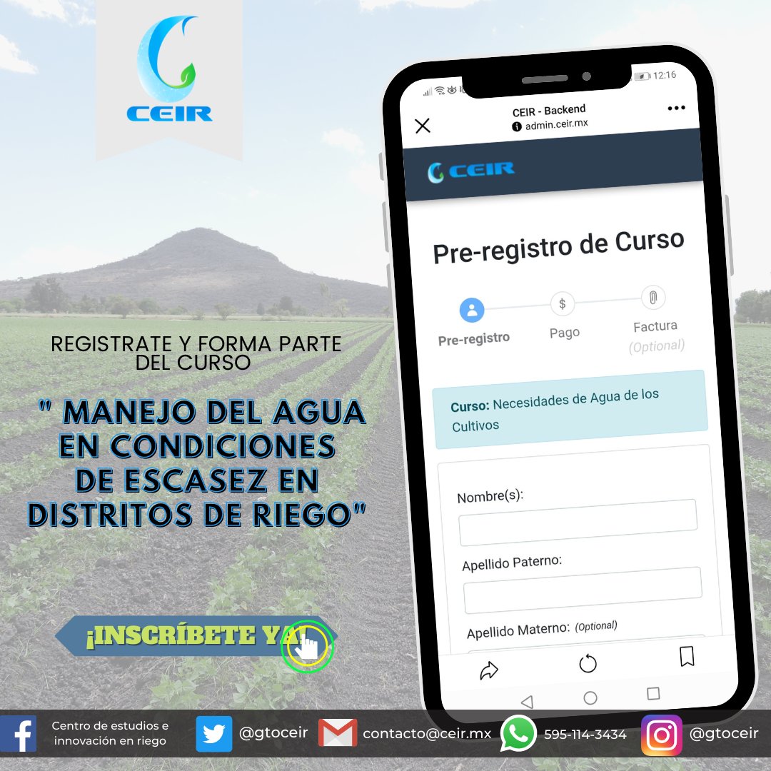 Esta semana tenemos nuestro curso "Manejo del agua en condiciones de escasez en Distritos de Riego" impartido por el Dr. Luis Rendón Pimentel

INSCRIBETE
💧¡Curso ONLINE!
28 y 29 de Julio

Inscríbete: bit.ly/3yinB58
Más Información: bit.ly/3RjYwzE