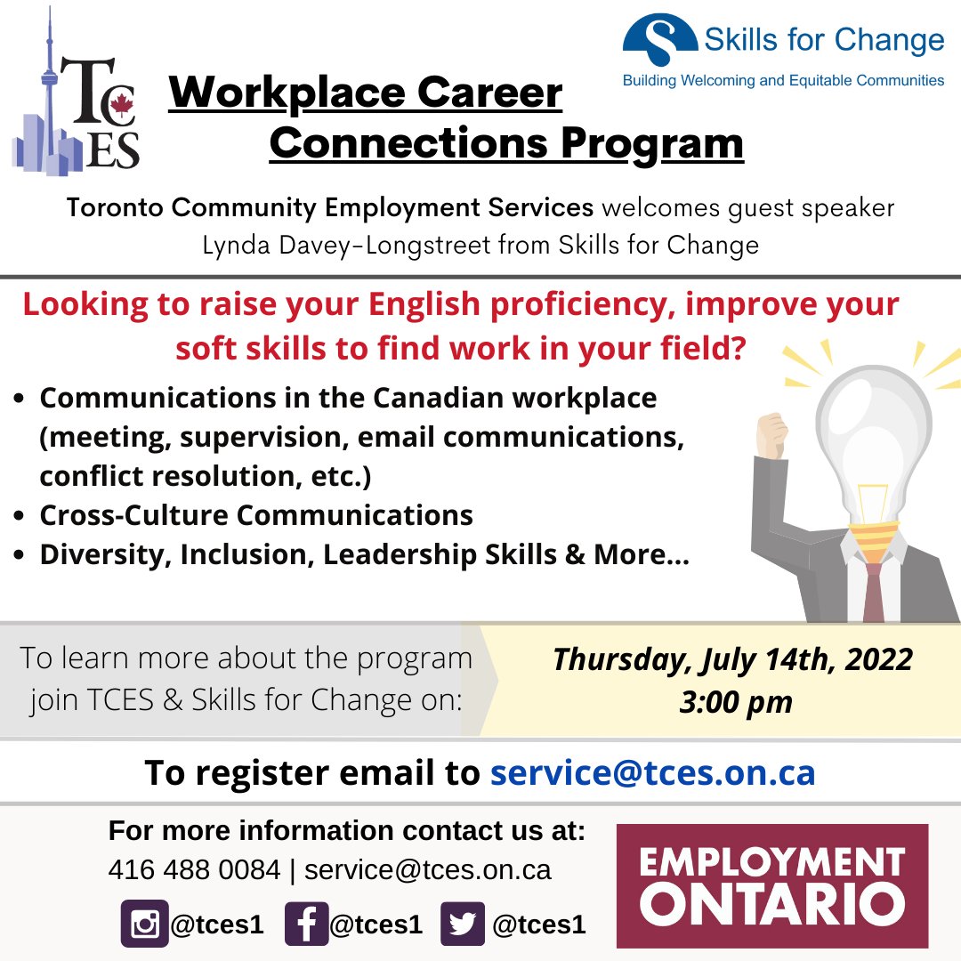 TCES1's tweet image. Free Skills Training. TCES in partnership with @SkillsforChange is holding an information for the Workplace Career Connections Program.

#employmentontario #toronto #torontojobs #yongeandeglinton #jobsearchtraining #newcomercanada #newcomertoronto #tces