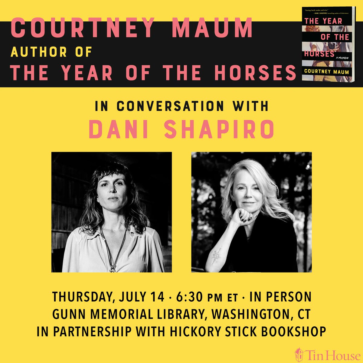 ✨Tomorrow!✨ Catch @cmaum author of The Year of the Horses 🐎 in conversation with @danijshapiro 6:30 PM ET in person! 💫 buff.ly/3P53hLX Gunn Memorial Library with @HickoryStickBS