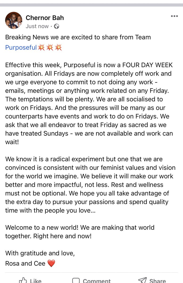 Cee_Bah's tweet photo. We are thrilled to announce that @Purposeful_org is now a FOUR DAY WEEK organization. We are unapologetically unavailable on Fridays. #WeArePurposeful #RadicalFeminists #WellnessMatters #RadicalRest #4DayWeek #SaloneTwitter https://t.co/ZzfVX8RWs8