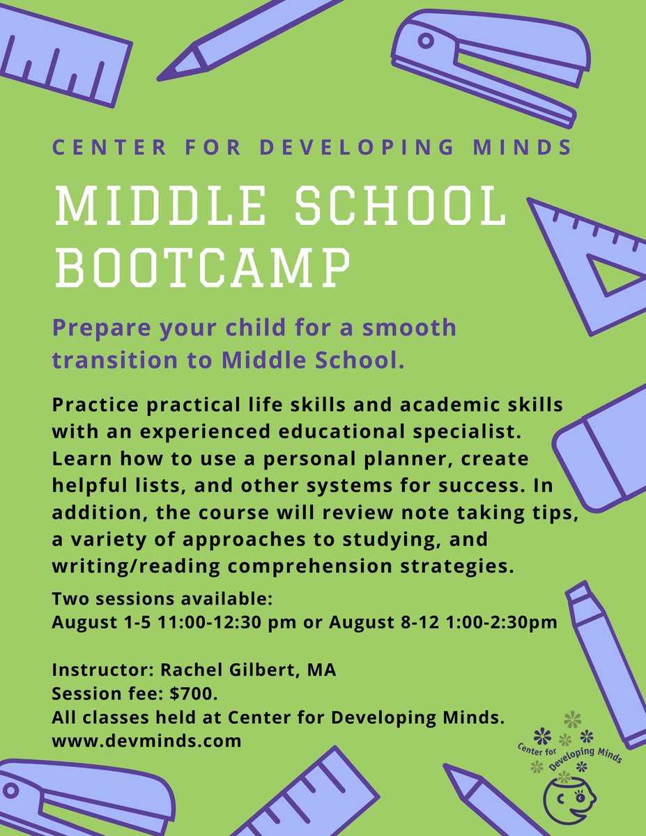 Sign up your student for our new Middle School Bootcamp! Work with an experienced educator to prepare your child for a smooth transition to classes this fall. Sessions happen the first two weeks of August! 
#executivefunctions
#getreadyforschool
