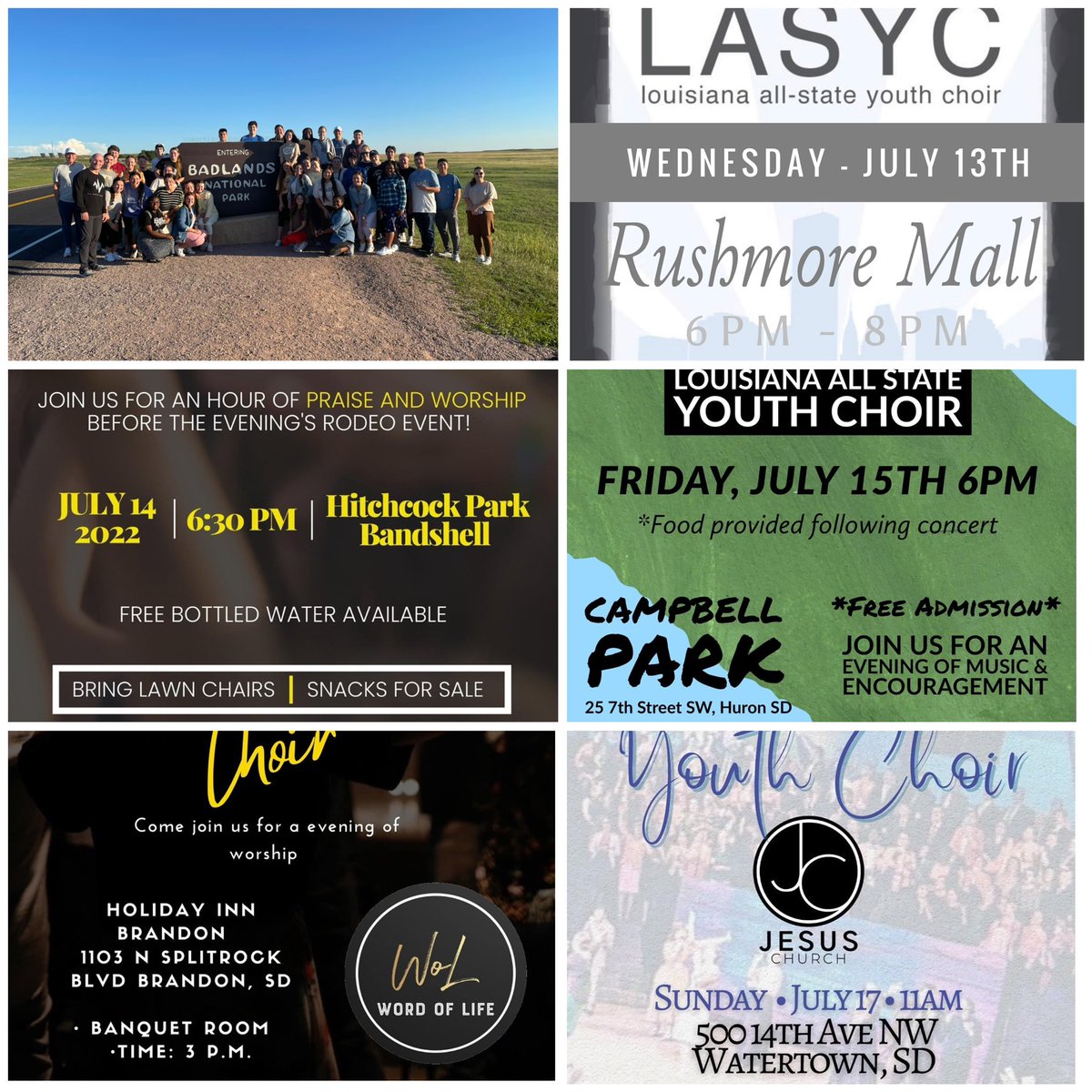 Louisiana All State Choir is here for the South Dakota Tour! Praying &amp; believing for an amazing week!

Wednesday - Rapid City
Thursday - Mitchell
Friday - Huron
Saturday - Brandon
Sunday - Watertown