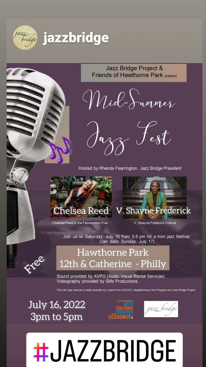 JazzBridge's tweet photo. Free
July 16th
3pm
Hawthorne Park 12th & Catherine Philadelphia
Chelsea Reed followed by V Shayne Frederick
#jazzbridge https://t.co/RFYdrZ8z3T