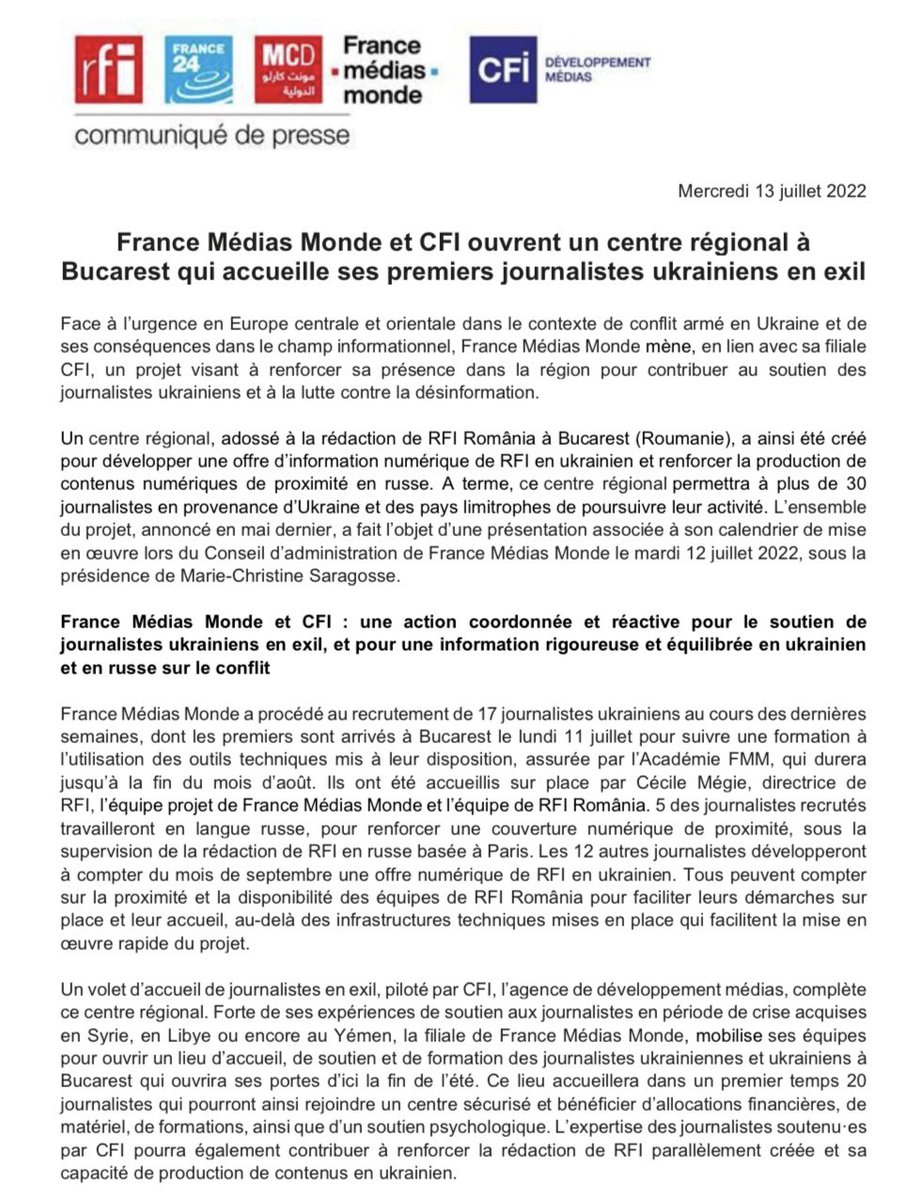 France_MM's tweet photo. 🔴 @France_MM et @CFImedias ouvrent un centre régional à Bucarest adossé à @RFI_Romania : une action coordonnée et réactive pour le soutien des journalistes ukrainiens en exil et pour une info rigoureuse et équilibrée, en ukrainien et en russe, sur le conflit https://t.co/H5z8VKdQ7G