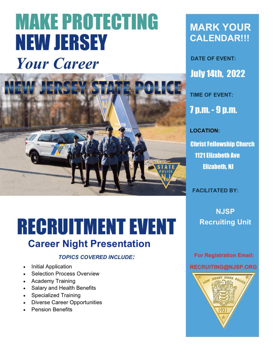 NJSP's tweet photo. Interested in a career as a New Jersey State Trooper? 

On Thursday, July 14, Recruiters will be giving a Career Night presentation at Christ Fellowship Church, located at 1121 Elizabeth Avenue in Elizabeth, N.J., from 7 p.m. to 9 p.m. https://t.co/pEK6PL2wmu https://t.co/kyFeUKlweO