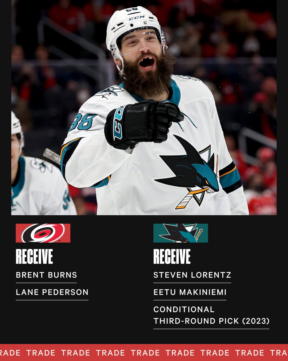 San Jose Sharks trade Brent Burns to Carolina Hurricanes