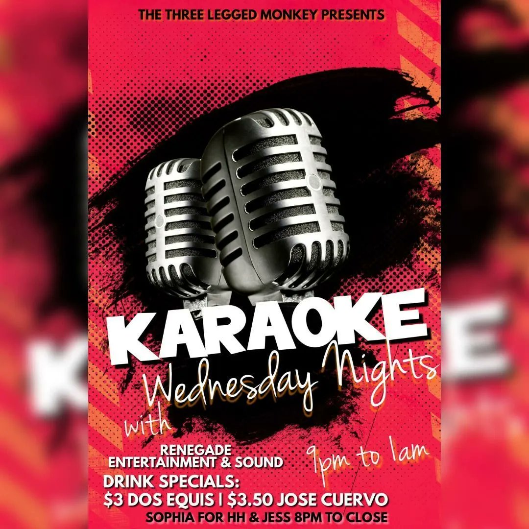 3LeggedMonkeySA's tweet photo. #KaraokeWednesday is here at The Three Legged Monkey from 9pm to 1am! Dos XX &amp; Cuervos on special ALL DAY! Sophia is here for Happy Hour, followed by Jess from 8pm to close, for Karaoke! Bring the voice, and don't be shy, we pour liquid courage professionally! #Monkeyaround https://t.co/AHQN8g64FS