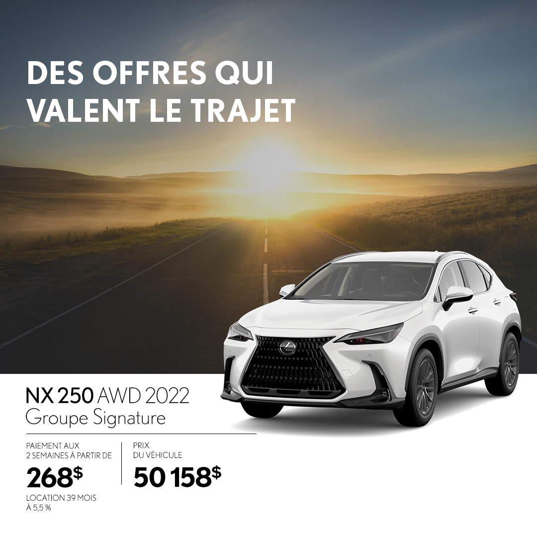 LachineLexus's tweet photo. Louez la Lexus NX 250 AWD 2022. Paiement aux deux semaines à partir de 268 $. Taux de location à 5,5 %* pour 39 mois. Acompte de 6 488 $. Prix du véhicule : 50 158 $*.
Cette offre prend fin le 2 août 2022. 
👉 https://t.co/ZfB9H216S5
#Spinelli100 #SpinelliLexus #NX https://t.co/dxZxiItfnI