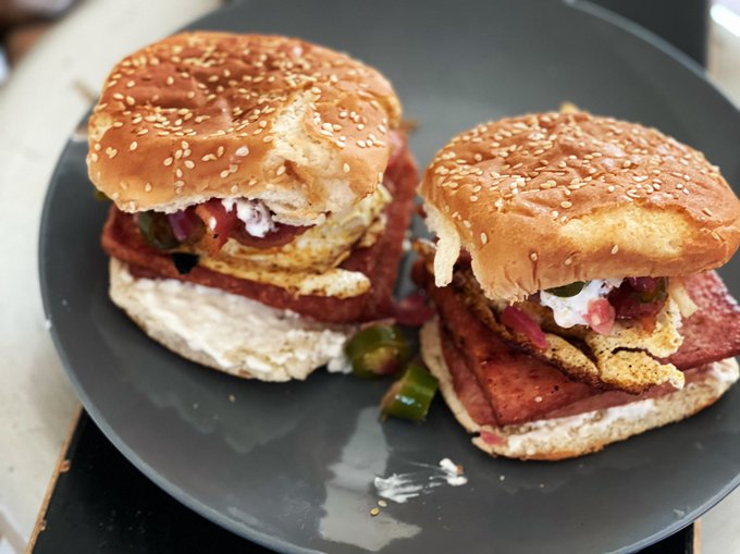 The headline reads spam over easy eggs 🍳 bacon with saut&eacute;ed jalape&ntilde;os and onions and cream cheese. I<a href="/tag/foodie"class="tags"><span>#foodie</span></a><a href="/tag/foodporn"class="tags"><span>#foodporn</span></a><a href="/tag/foodphotography"class="tags"><span>#foodphotography</span></a><a href="/tag/foodblogger"class="tags"><span>#foodblogger</span></a>