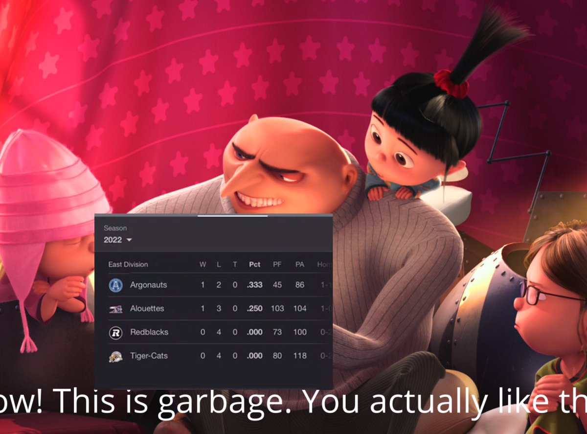 GiantSpiny's tweet photo. My first impression of the CFL EAST:
#CFL #football #CFLEAST #Memes #FootballMemes #CanadianFootball
#standings #wow #thisisgarbage https://t.co/XzsIbu2sK8