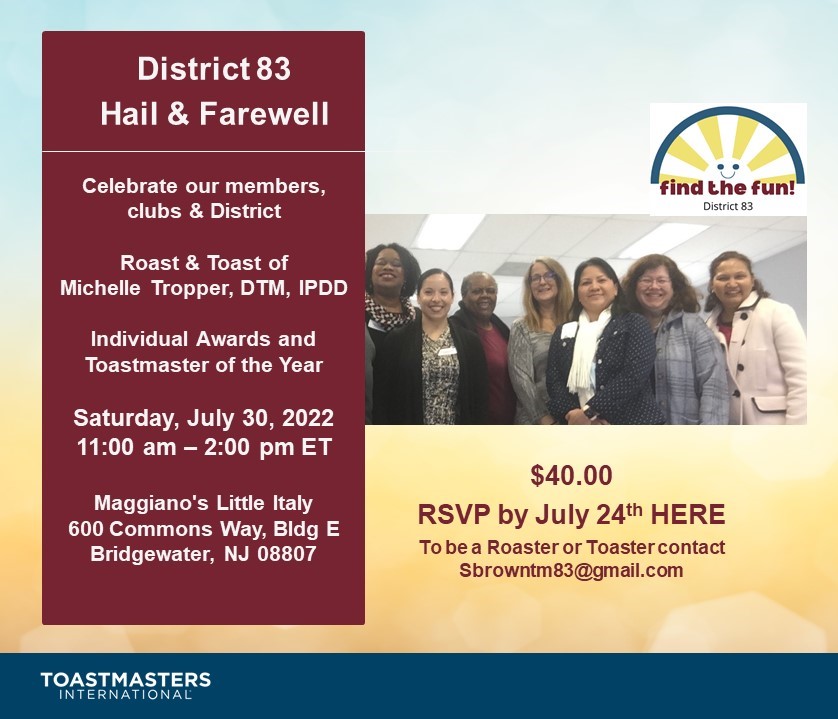 D83Toastmasters's tweet photo. Register for the Toastmasters District 83 Hail &amp; Farewell HERE https://t.co/qy9yn8tMGQ https://t.co/ys05urzSni