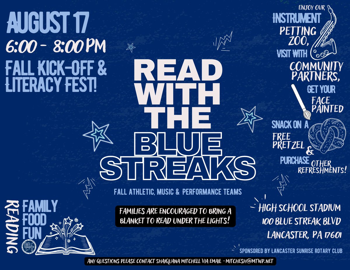 🗣 Calling all MTSD Families! 🗣

Mark your calendars for 08/17 from 6-8 PM! You are not going to want to miss our 2022 Fall Kick-off &amp; Literacy Fest! 

Where family fun and fostering a love for literacy meet, this is the perfect event to begin the 2022-2023 school year!