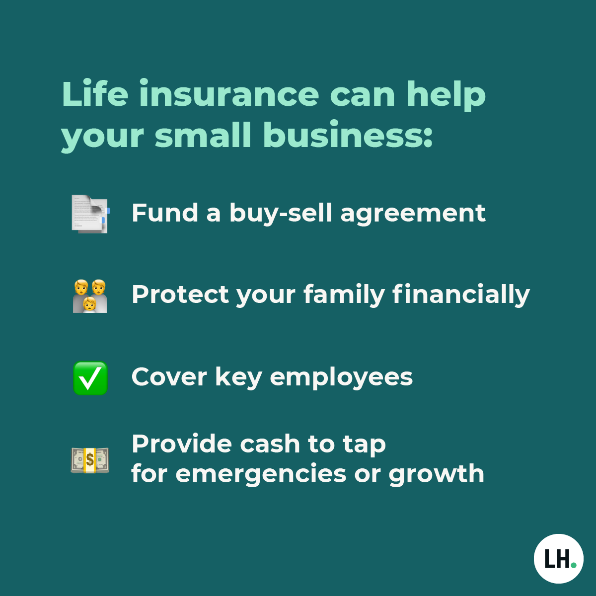 What happens if you die while running your business? Life insurance can help in more ways than you might imagine. Check out our new small business collection (including this graphic) on Life Happens Pro at lifehappenspro.org.