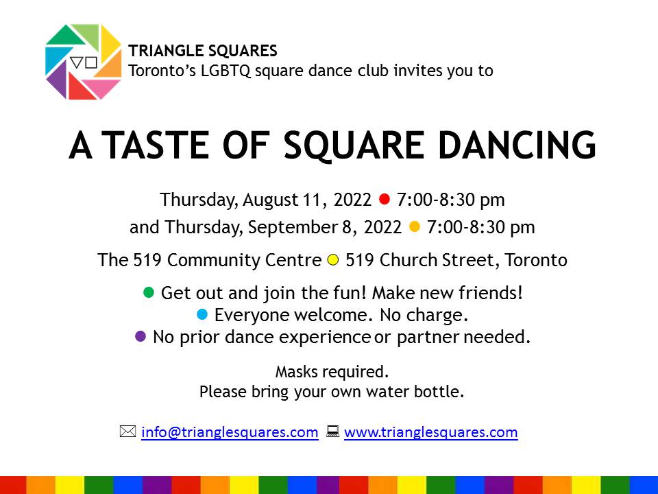 TriangleSquares's tweet image. get back in the groove, with a Taste of Square Dancing. Thu, Aug 11 &amp;amp; Sep 8, 7-8:30, at The Fabulous 519. No experience, no partner required. All welcome. Masks required. #danceTO #canQueer @ChurchWellesley  @The519 @CWNA_TO