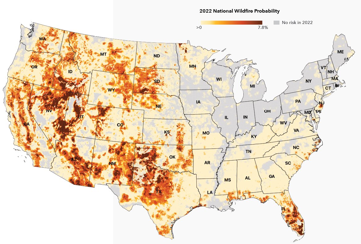 Compare @FirstStreetFdn's 2052 fire risk map that <a href="/mapgirl18/">Katie Wheatley</a> posted to the 2022 one in their 5th National Risk Assessment (firststreet.org/research-lab/p…)

Emergency Managers  but lacking the resources &amp; time to advocate for mitigation and risk reduction, despite the need.

#EMGTwitter