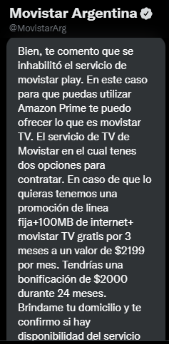 gonzaluzza's tweet photo. @MovistarArg Respuesta que te da @MovistarArg en privado para que nadie se entere. Te venden un servicio BONIFICADO por 12 meses, que luego NO LO TENES e incluso te VENDEN otra cosa. Son un desastre!

EVITEN CAMBIARSE A MOVISTAR
#movistar https://t.co/dWEnEau1CI