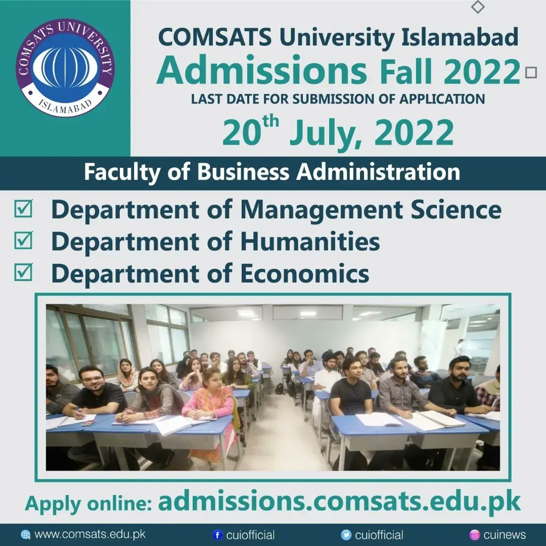 CUIofficial's tweet photo. Faculty of Business Administration at #CUI, Isb campus includes Programs in #ManagementScience, #Humanities &amp; #Economics with the aim to instill in its students administrative skills &amp; corporate skills.

#CUINEWS #CUIOFFICIAL #COMSATS #AdmissionsFall22 #BusinessAdministration https://t.co/JYciRtBSNo
