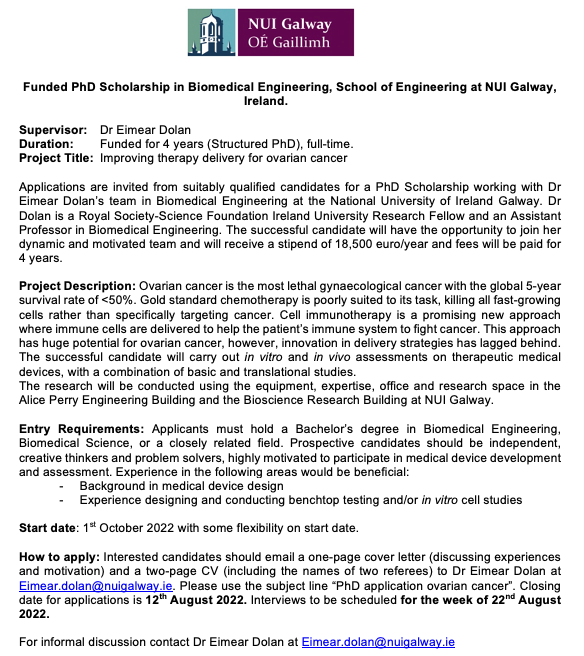 We are recruiting! A fully funded PhD studentship available to join our team in Galway <a href="/Bio_Eng_NUIG/">Biomedical Engineering University of Galway</a> <a href="/bio_mec/">BioMEC</a> #PhDposition #BiomedicalEngineering #medicaldevices #ovariancancer