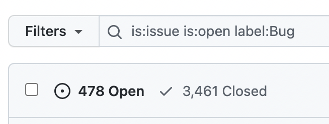 v_language's tweet photo. V has 3461 fixed bugs and 478 open bugs.

That's a great ratio: only 12% of all bugs are open.

We're planning to decrease this number to 5% by the time of the 0.4 release. https://t.co/JIxyLPXiqT