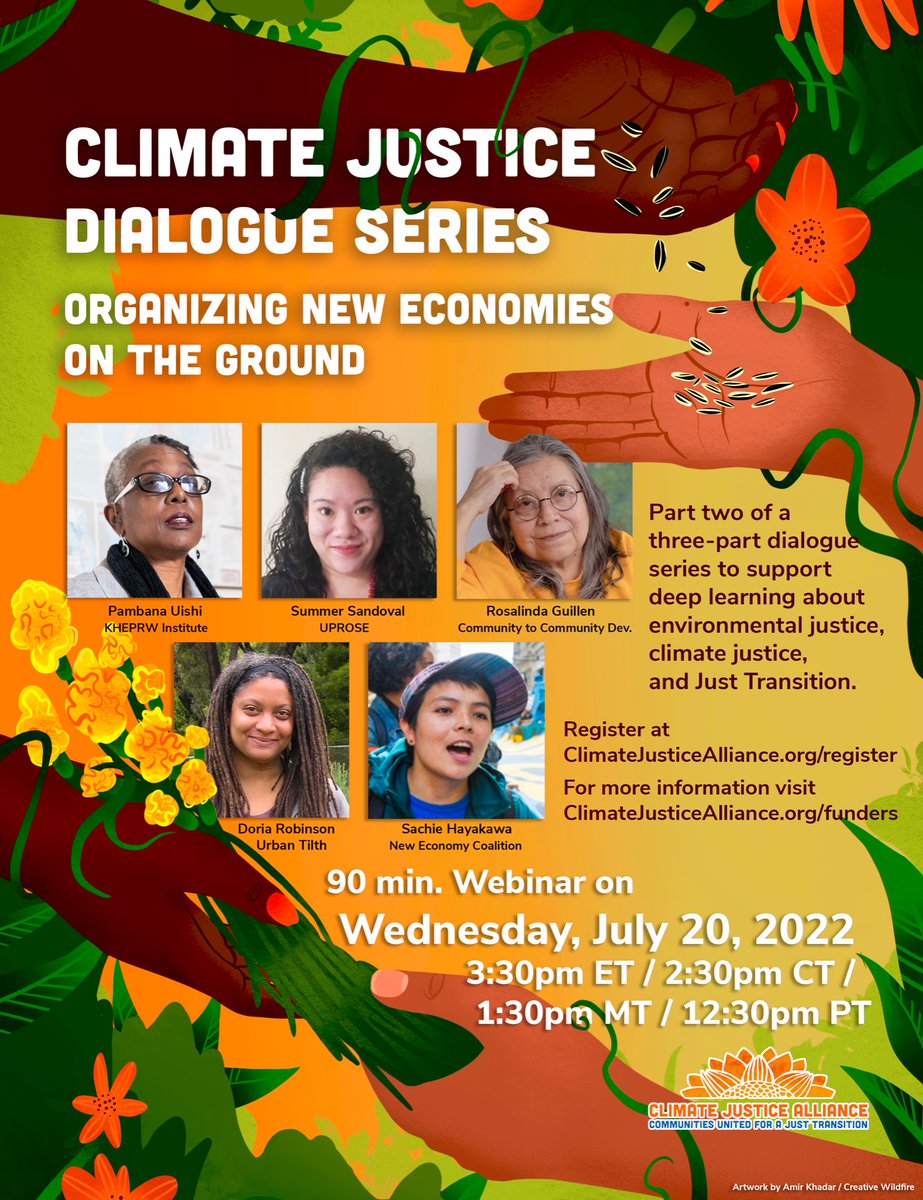 Climate Justice Dialogue Series
Organizing New Economies on the Ground 🌻

Learn about #JustTransition in frontline communities, community-controlled economic infrastructure, and #ReinvestinOurPower’s bold new campaign. 

Jul 20, @ 3:30pm ET/ 12:30pm PT
ClimateJusticeAlliance.org/register