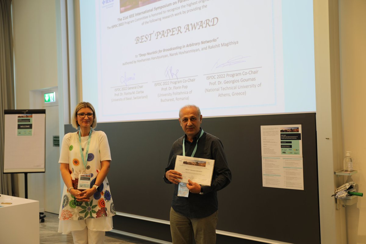 ISPDC2022's tweet photo. #ISPDC2022 awards the best paper title to H. Harutyunyan, N. Hovhannisyan, R. Magithiya for their work “Deep Heuristic for Broadcasting in Arbitrary Networks”. Congratulations!

@BaselStadt @IEEEorg @ComputerSociety @HPC_DMI_UniBas @cflorina https://t.co/xbLA2pEsuB