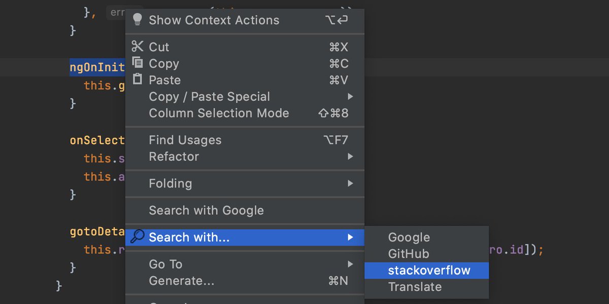 WebStormIDE's tweet image. #WebStormTip Need to google something when coding? Select the text you want to look up and use the Search with Google action available within the right-click menu. You can also install the Smart Search plugin to add Stack Overflow and other options.

👉 blog.jetbrains.com/webstorm/2020/…