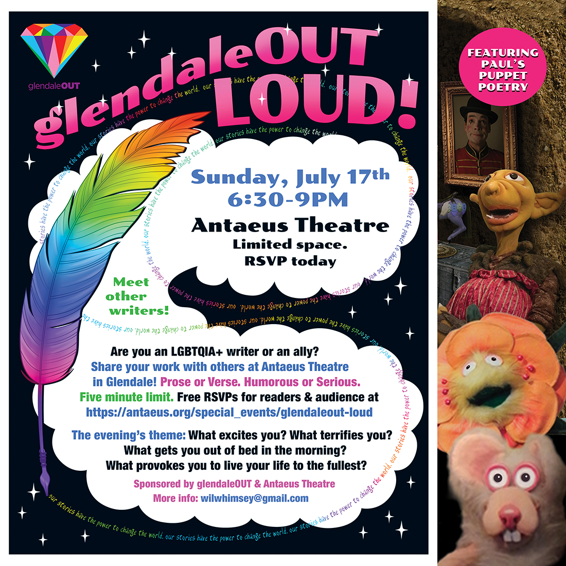 Join us Sunday for GlendaleOUT Loud! July 17, 2022, 6:30pm - 18+ A free community event co-sponsored by @glendaleOUT and Antaeus Theatre Company RSVPs encouraged: ow.ly/5r1A50JTrkF Hope to see you there! @LALGBTCenter @Celebrationthtr @LAPlaywrights