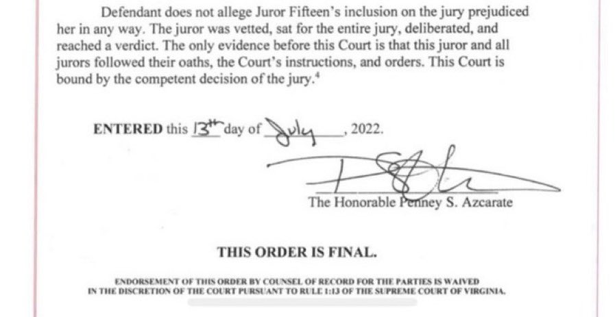 Noneofthemknew1's tweet photo. JUDGE A DID HER JOB. JUROR 15 DID THEIR DUTY. THE ORDER IS FINAL. 
#JohnnyDeppWon #AmberHeardlsALiar https://t.co/5qDGU5X2ZB