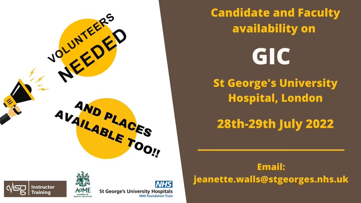 _ALSG_'s tweet photo. Calling all GIC instructors and candidates! Faculty needed and some places still available on the GIC at St George's, London. Drop Jeannette an email to book your place jeanette.walls@stgeorges.nhs.uk #FutureInstructors #AoMEAccredited @MedicalEducator https://t.co/4nO4J8IX3E