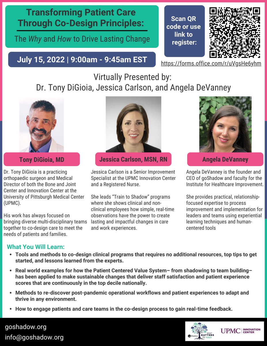 goShadow_now's tweet photo. Last Call! Join us July 15th to Transform Patient Care! - Subject matter experts Jessica Carlson, Angela DeVanney and Dr. Tony DiGioia will take you through the ins-n-outs of building robust clinical programs

https://t.co/Rw3OcJQqh3 https://t.co/iCaug8iKeQ