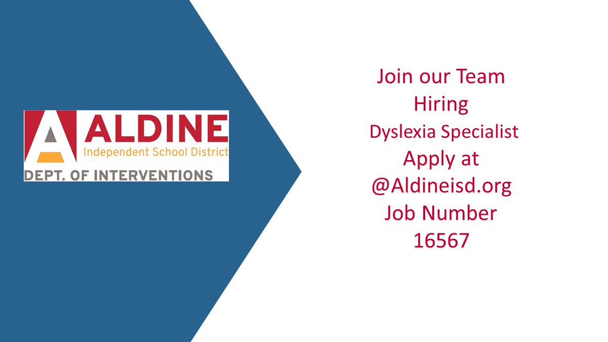 Accepting qualified applications from out of district for a dyslexia specialist.  Come join our amazing dyslexia team! <a href="/AldineDyslexia/">Aldine Dyslexia</a>